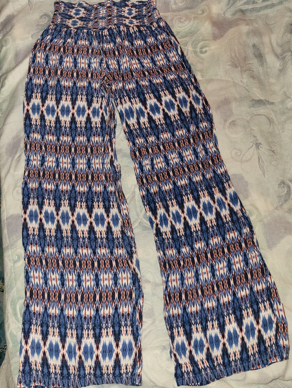 Joe Benbasset Blue and White Ikat Palazzo Pants with Rust Accents, Size M